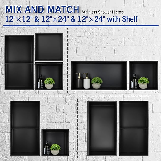 Stainless Steel Shower Niche 24" X 12" Matte Black No Tile Needed Niche Shower for Bathroom Storage Recessed Wall Niches Bathroom Shelf Over Mount Installation - Bloomnest