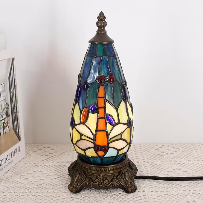 Small Tiffany Lamp Stained Glass Table Lamp 5.5X11 Inch Christmas Tree Lighthouse Mini Accent Memory Sympathy Antique Night Light for Bedroom Living Room (Blue Yellow)