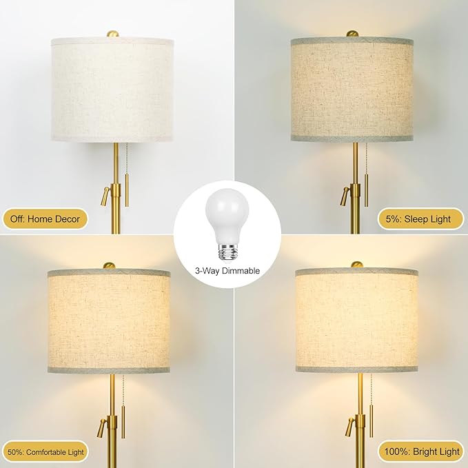 Modern Floor Lamp for Living Room, Adjustable Height Standing Lamp with Marble Base, Gold Tall Pole Light with Linen Shade for Reading Bedroom, Chain Switch, 8W 3-Way Dimmable Bulb Included - Bloomnest