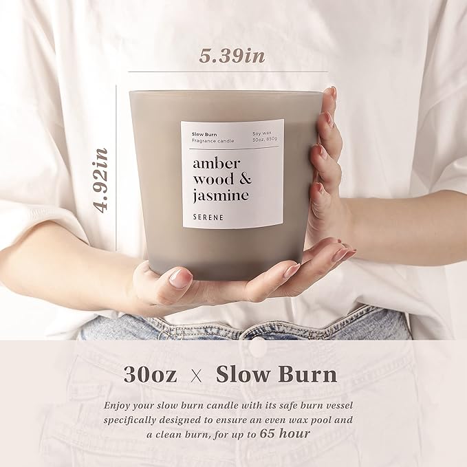 Hidden Label Large Scented Candle, Amber Wood & Jasmine, 30oz 3 Wick Huge Candle, Serene Collection Slow Burn Natural Soy Candles for Home Scented - Bloomnest
