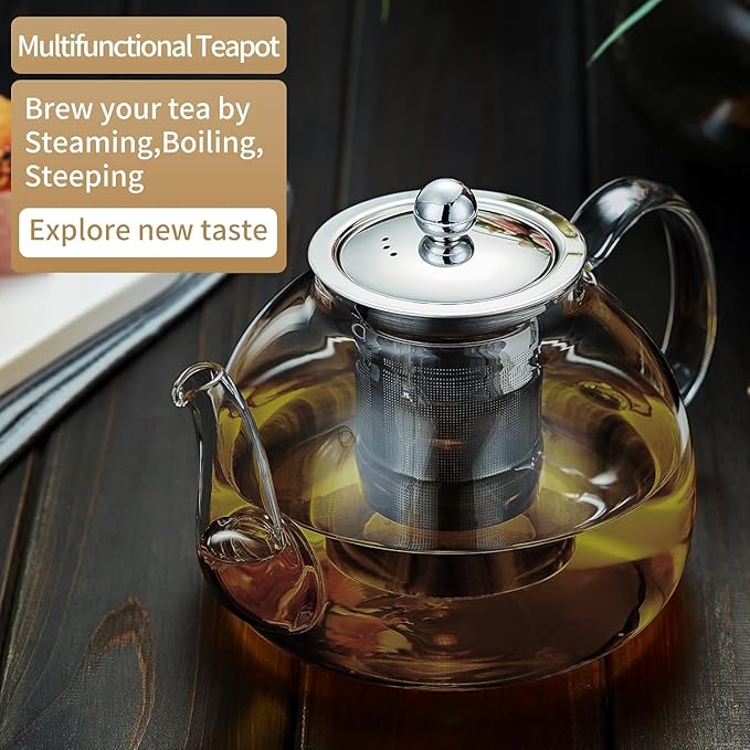 40OZ (1200ML) Glass Teapot with Infuser Stovetop Safe, Clear Glass Tea Pot Kettle, Borosilicate Tea Pot with Infusers Filter for Loose Tea, Tea Kettle Dishwasher Safe (Black) - Bloomnest