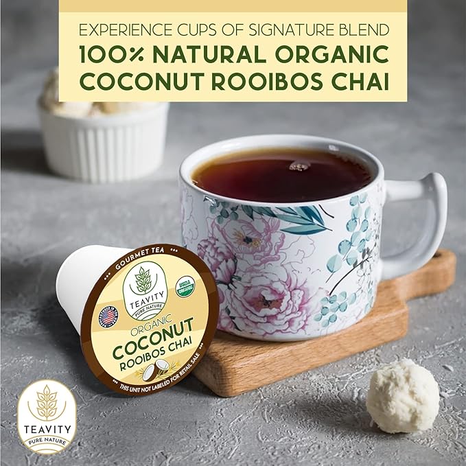 Coconut Rooibos Chai Tea Pods for Keurig - Organic Ginger Tea, Rooibos, Cinnamon, Cardamom, Coconut & Chai by Teavity (12 Tea Pods) - Bloomnest