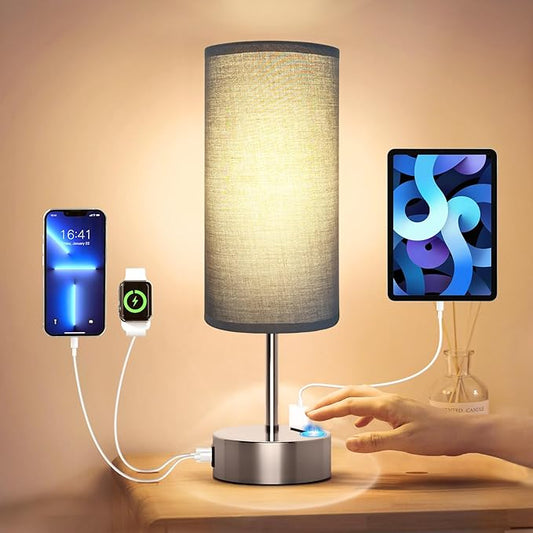 KPQ Small Bedside Lamp Touch Control Table Lamp with USB A+C Charging Ports & AC Outlet 3-Way Dimmable Nightstand Lamp with Linen Fabric Shade for Bedroom Living Room - Bloomnest