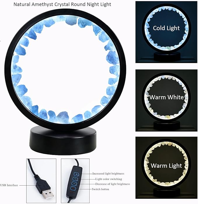 Runyangshi Celestite Night Light 8.6" Natural Healing Crystal Bedside USB Port 3 Colours Dimming Mode Bedroom Lamp Suitable Night Lamp Ideal Gift - Bloomnest