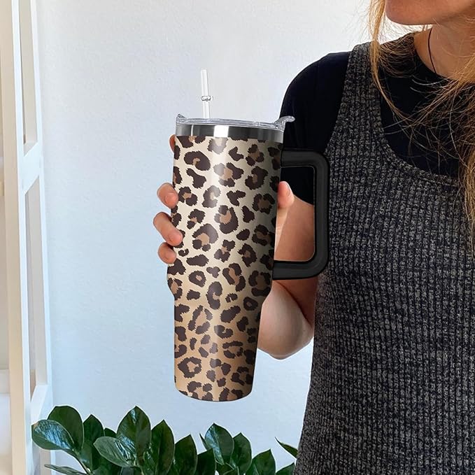 Ceovfoi 40 Oz Tumbler With Handle, Leopard Print Cheetah Coffee Travel Mug Cup, Water Bottle, Decor, Gifts for Women - Bloomnest