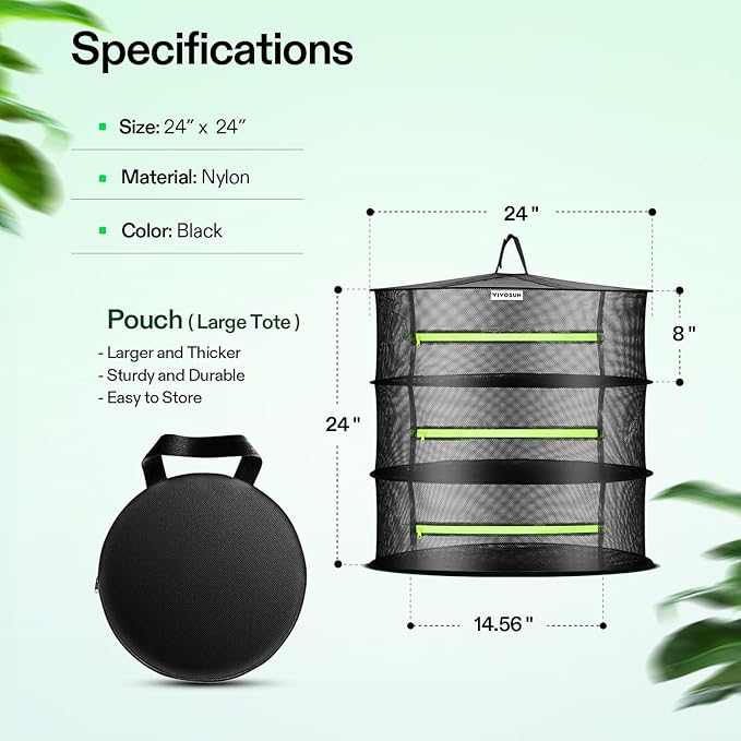 VIVOSUN 3-Layer Mesh Drying Rack Hanging Design with Green Zippers for Dehydrating, Indoor and Outdoor Pruning Shears Included - Bloomnest