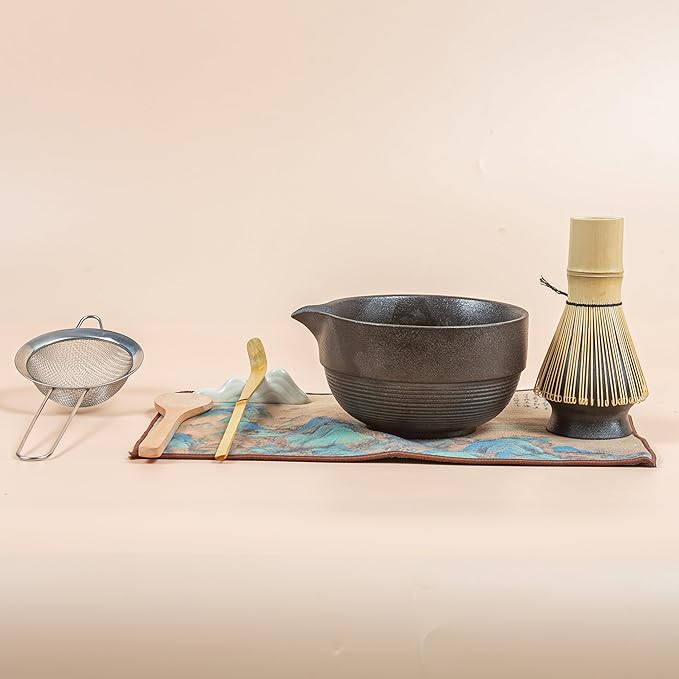 Matcha Set 7-Piece Tea Set with Brush, Bowl, Whisk, Strainer, Chasen, for Matcha Tea Ceremony (Black) - Bloomnest