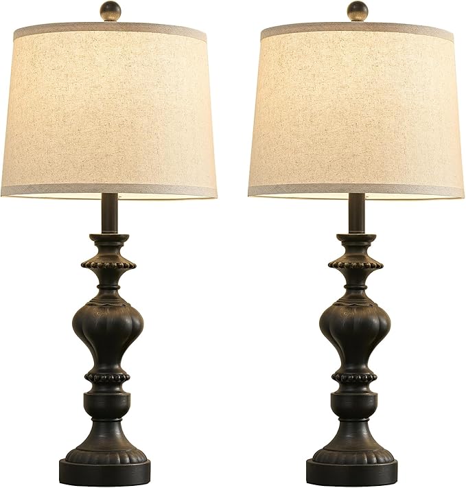 27.5" Farmhouse Table Lamps Set of 2 Bedside Nightstand Lamp with USB C+A Ports & AC Outlet, 3 Way Dimmable Touch Lamps for Bedroom Living Room Office Rustic Lamp (Rotary Switch-Black) - Bloomnest