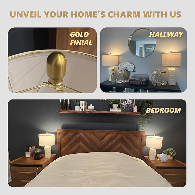 PoKat 20.75" Small Modern Ceramic Table Lamps Set of 2 for Bedroom, White Bedside Lamps for Night Stands, Farmhouse Desk Decor Nightstand Table Lamps for Living Room End Table Beige - Bloomnest