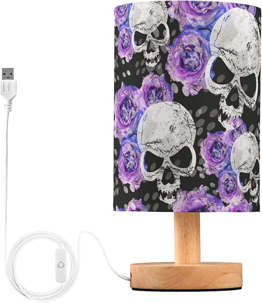 Gothic Pattern Table Lamp with Wood Base and Fabric Shade - Purple, Blue Rose Flower Design for Nightstand, Bedside, Desk, Living Room, Bedroom, Kids Room, Office - Bloomnest