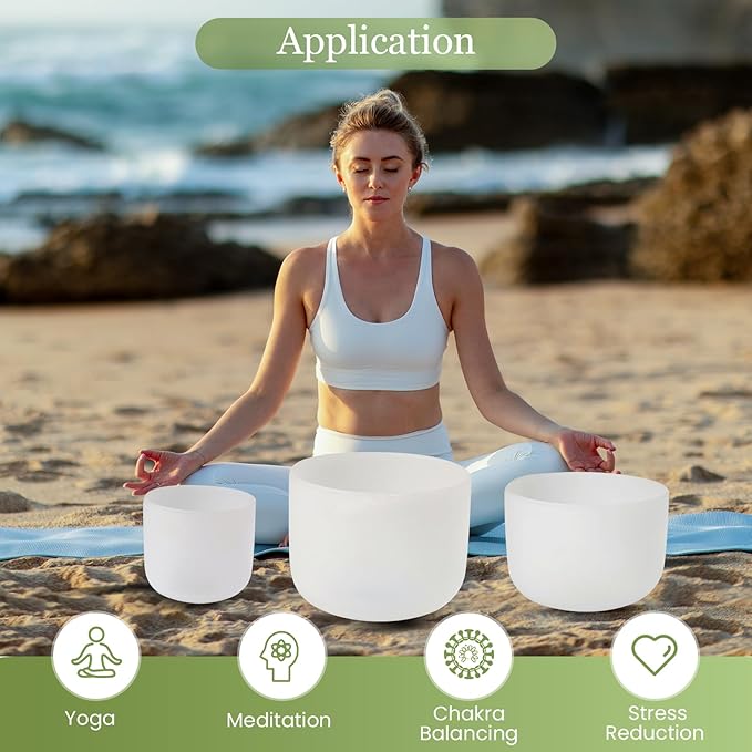 432HZ 7-11 Inch 3 Pcs White Frosted Crystal Singing Bowl Set for Meditation Healing Yoga Chakra Quartz Crystal Sound Bowls with Heavy Duty Carry Cases and Rubber Mallet,Suede Striker,O-rings - Bloomnest