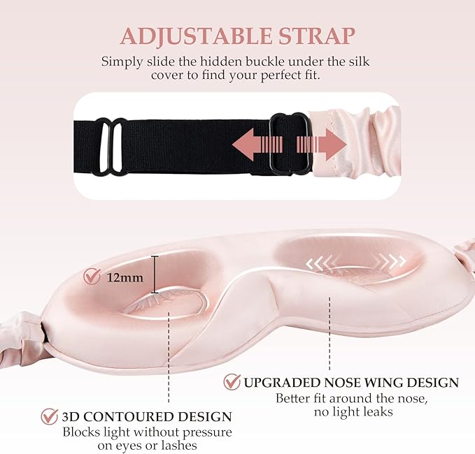 100% 22 Momme Mulberry Silk Sleep Mask with Adjustable Strap, 3D Contoured Cup Silk Eye Mask for Sleeping, Total Black Out, Pink - Bloomnest