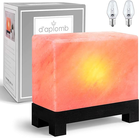 d'aplomb 100% Authentic Natural Himalayan Salt Lamp;Hand-Carved Modern Rectangle Rare Pink Crystal Rock Salt from The Himalayan Mountain; Footed Wood Base, Dimmer Cord; 11.5 lbs
