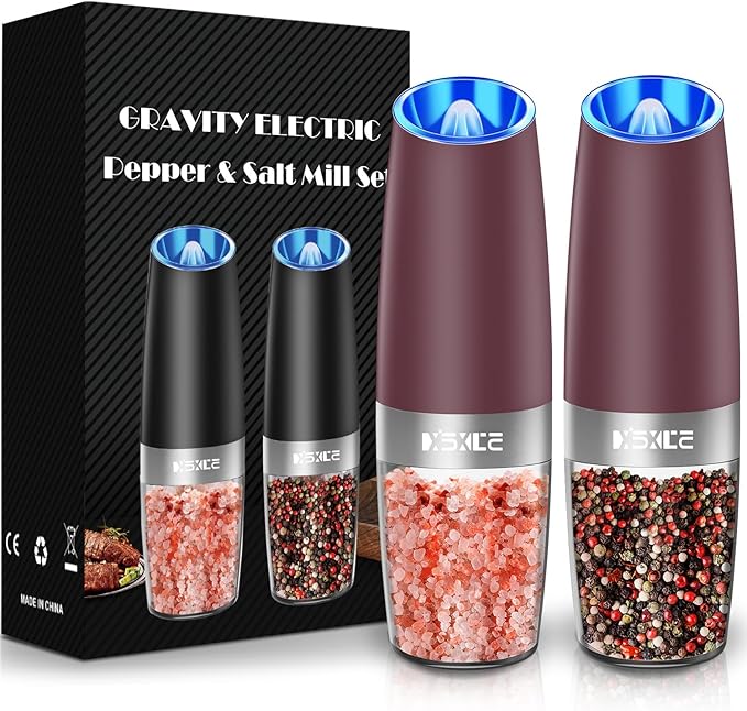 XinXu Gravity Electric Pepper Grinder, Salt or Pepper Mills & Adjustable Coarseness, with LED Light, One Hand Automatic Operation -Set/RoseRed - Bloomnest