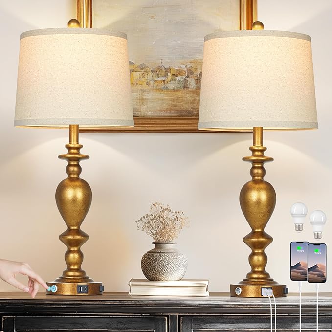 28" Farmhouse Table Lamps Set of 2 with USB C+A Ports & AC Outlet for Vintage Living Room Retro Bedroom,3-Way Dimmable Touch Lamp Resin Bedside Lamps for Nightstand Side End Table, Brass - Bloomnest