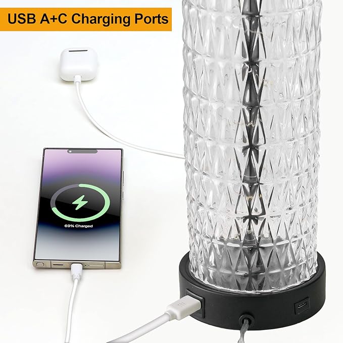 Oneach 27.75” Table Lamps Set of 2, Black Modern Bedside Lamp with LED Night Light, USB A+C, Glass Lamps for Living Room, Bedroom, Nightstand, Office, End Table (2 Bulbs Included) - Bloomnest