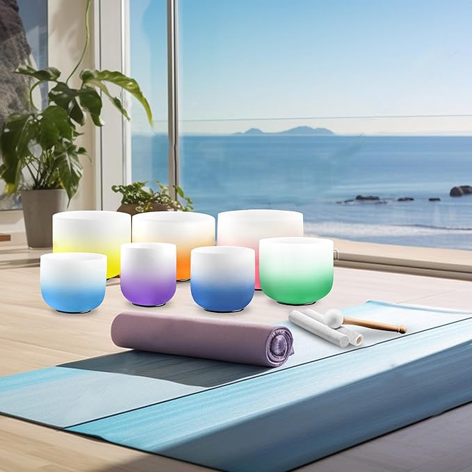 Ryan Dvan 432Hz 7"-12" Set of 7 Crystal Singing Bowl Set – Gradient Color Quartz Bowls for Chakra Healing, Meditation, Sound Bath & Yoga.Sound Therapy Tools with Suede Mallets & O-Rings. - Bloomnest
