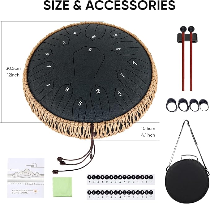 Steel Tongue Drum 12 Inch 15 Notes: Handpan Drums Set with Music Book Mallets Carry Bag - Hand Pan Instrument for Adults Musical Education Meditation Yoga Chakra (Black)
