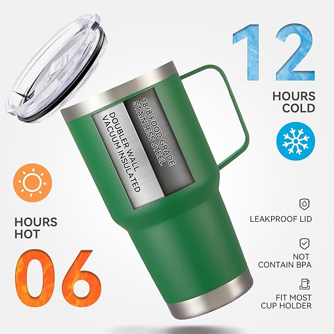 30 oz Tumbler with Handle and Lid, Stainless Steel Tumblers Double Wall Vacuum Insulated Travel Mug Leak Proof Cup Keep Drinks Cold and Hot Dark Green, 1 Pack - Bloomnest