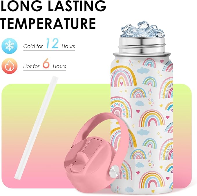 16oz Rainbow Tumbler Cup with Handle and Straw - Pink Stainless Steel Water Bottle for Women Men - Insulated Double Wall Travel Mug, Sweatproof, Non-Slip Base - Birthday Gift Ideas - Bloomnest