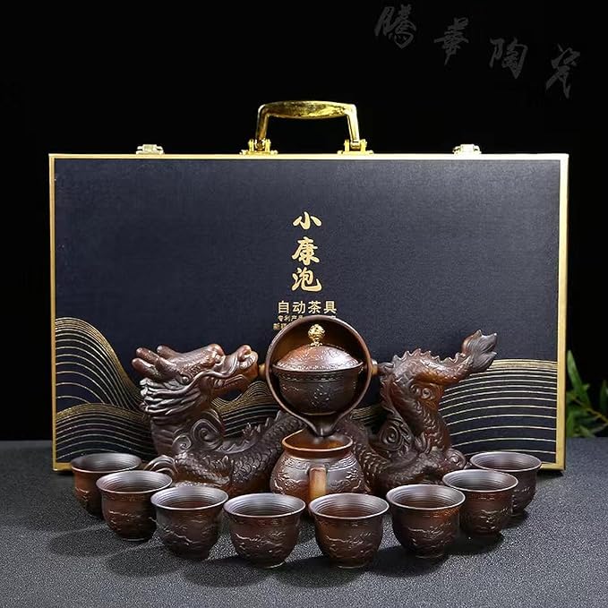 Chinese Gongfu Tea Set Gift Box, Chinese Dragon Shape, Pure Hand Firing, with 360Rotating Teapot and Infuser, Suitable for Office, Home, Gift (Dragon Legend)