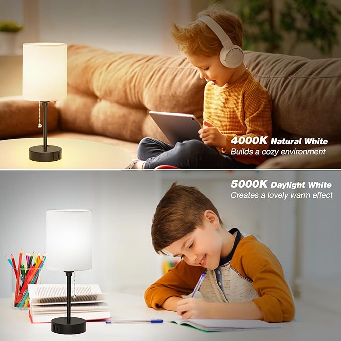 Small Bedside Table lamp for Bedroom - 3 Color Temperatures Bedside Lamps with USB C and A Ports, Pull Chain Table Lamps with AC Outlet, White Nightstand Lamps with Black Metal Base for Kids Reading - Bloomnest