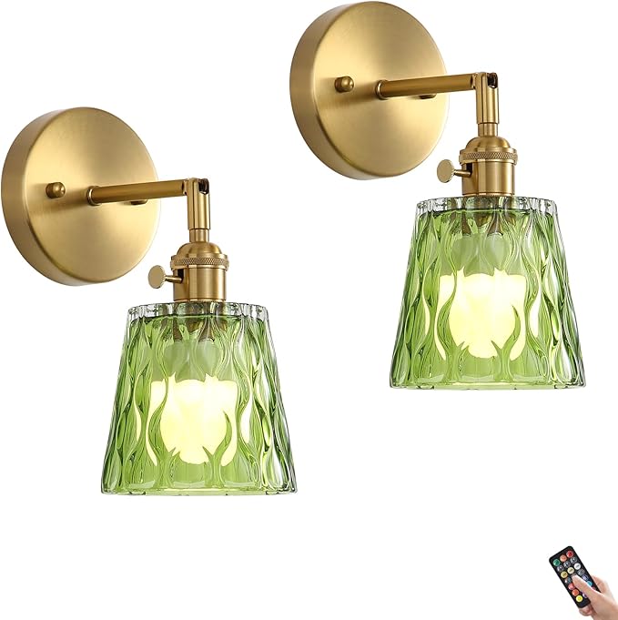 2 Pack Vintage Battery Operated Wall Sconces with Green Glass Shade, Wireless Rechargeable RGB Wall Light, Remote Control & 180 Degree Adjustable, for Bedroom Living Room Hallway Aisle - Bloomnest