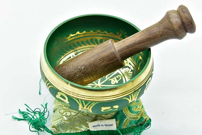 3.75" Tibetan Meditation Yoga Singing Bowl Green Set with free Wooden Mallet and Silk Cushion from Nepal, Singing bowls. (Green) - Bloomnest