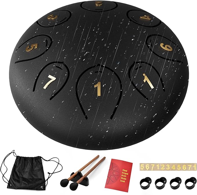 Steel Tongue Drum 6 Inch 8 Notes, Rain Drums for Outside C major, Hang Instrument, Handpan for Kids, Ethereal Hand Pan for Meditation Yoga Musical Education, Black - Bloomnest
