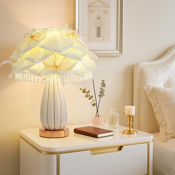 White Flower Girls Table Lamp Modern Princess Desk Lamp Cute Bow Bedside Lamp Nordic Nightstand Petal Light for Bedroom Valentines Dating Wedding Living Room Entry Office Study Room - Bloomnest