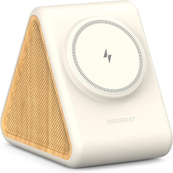 Housbay Sound Machine with Magnetic Wireless Charger for iPhone, 2-in-1 Design for Clutter-Free Nightstand, Dual-Speaker Stereo Sound for Sleeping - White Oak - Bloomnest
