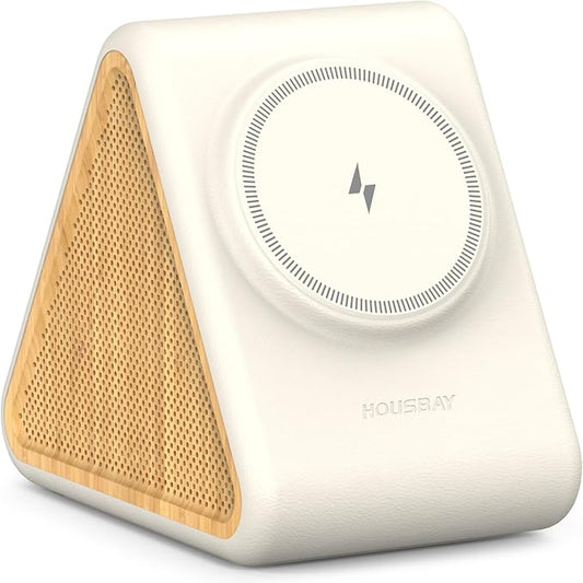 Housbay Sound Machine with Magnetic Wireless Charger for iPhone, 2-in-1 Design for Clutter-Free Nightstand, Dual-Speaker Stereo Sound for Sleeping - White Oak - Bloomnest