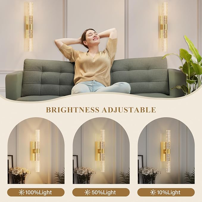 camuucci Battery Operated Gold Wall Sconces Set of 2 Rechargeable Battery Powered Wall Light with 12000mAh Not Hardwired Dimmable Wall Lamp Fixtures for Bedroom Living Room 20.9 Inches - Bloomnest
