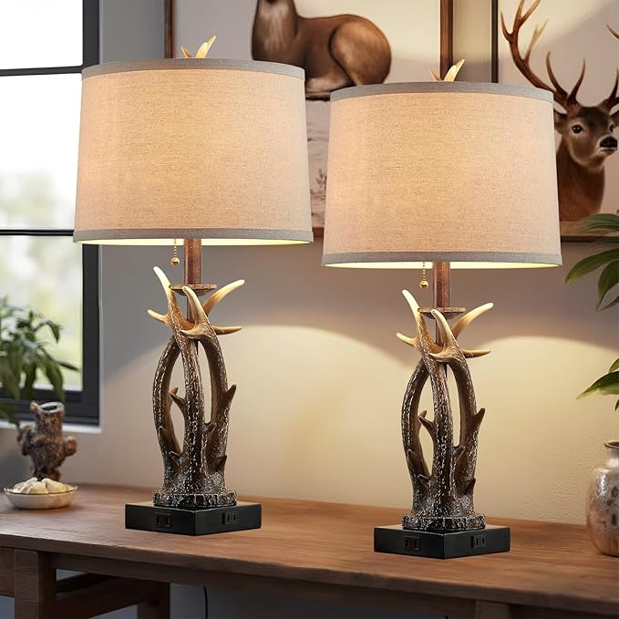 Farmhouse Deer Antler Table Lamps Set of 2 Rustic Western Bedside Lamp with USB A+C & Outlet Vintage Nightstand Lamps for Log Cabin Bedroom Hunting Themed Living Room End Table Cottage Home Decor - Bloomnest
