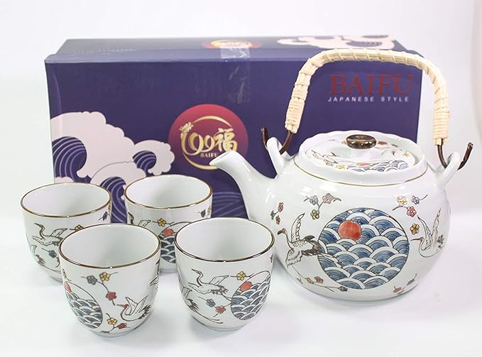White Crane Heron Japanese Teapot set with 4 Tea Cups ~ Japanese Antique Design and Filter Gift/Birthday gift/Kitchen/Teapot/idea for gift ~ We Pay Your Sales Tax - Bloomnest