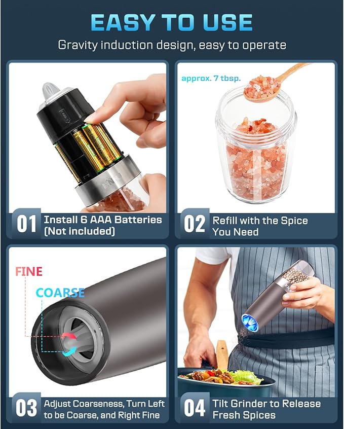 XinXu Gravity Electric Pepper and Salt Grinder Set, Adjustable Coarseness, with LED Light, One Hand Automatic Operation (Set/Brown X) - Bloomnest