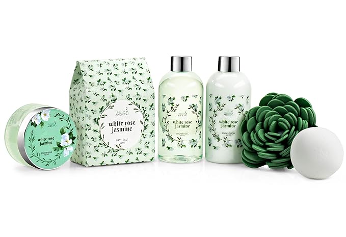 Deluxe White Rose Jasmine Spa Basket Home Spa Set with Shower Gel, Body Lotion, Bath Salts, Body Scrub, Bath Bomb and Bath Puff in Wooden Curio Valentines Gift