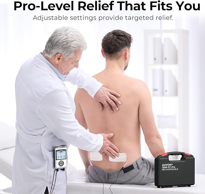 AUVON Rechargeable Digital TENS Unit Muscle Stimulator with 600 mAh Battery, TENS Machine with 8 Customizable Modes, Electric Massager for Shoulder, Back Pain Relief, 6 TENS Pads, A Carry Case AUVON