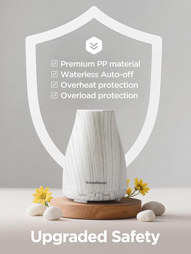 InnoGear Essential Oil Diffuser, Ultrasonic Diffusers for Home Aromatherapy Humidifier for Bedroom Room 7 Colors LED 2 Mist Mode Auto Off, White Grey - Bloomnest