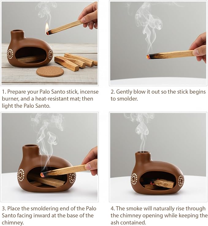 Palo Santo Holder, Chimney Palo Santo Burner, Ceramic Incense Holder with Ash Catcher for Yoga, Meditation, Home Fragrance & Cleansing, Burning Palo Santo Sticks, Cone Incense, Resin, Sage Phymorse