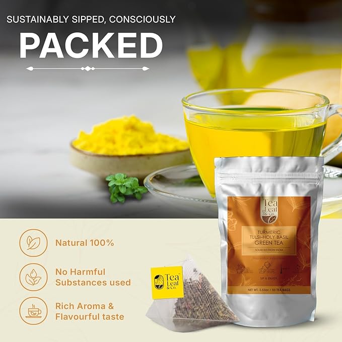 Turmeric Tulsi Tea Bags (50 Count), Green Tea with Turmeric & Peppermint, Stress Relieving, Low Caffeine Gluten Free, Whole Loose-Leaf Pyramid Tea Bags - Bloomnest