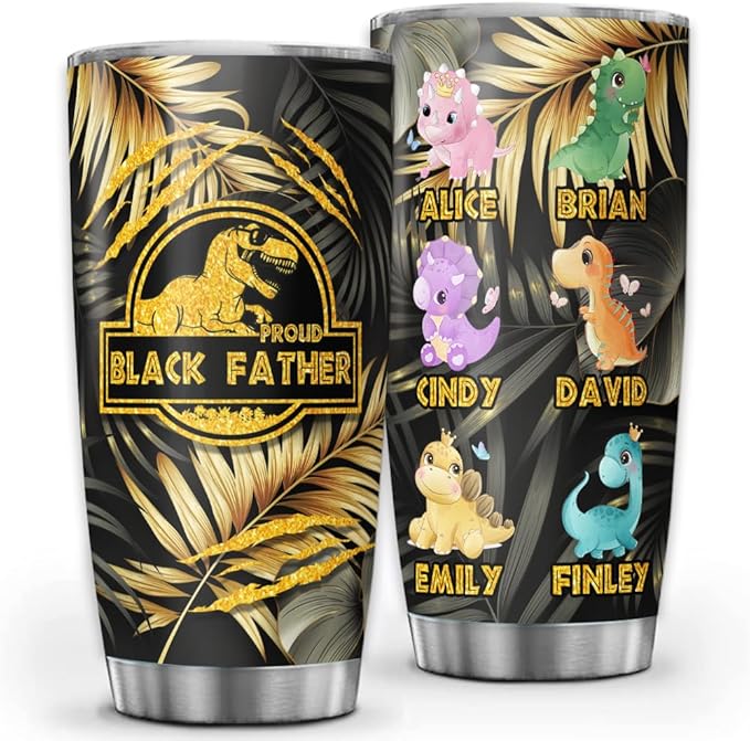 Proud Black Father Dinosaur Tumbler, 20oz or 30oz Custom Stainless Steel Mug with Kids' Names, Cute Dino Characters, Gift for Dad from Children, Personalized Father's Day Travel Cup - Bloomnest