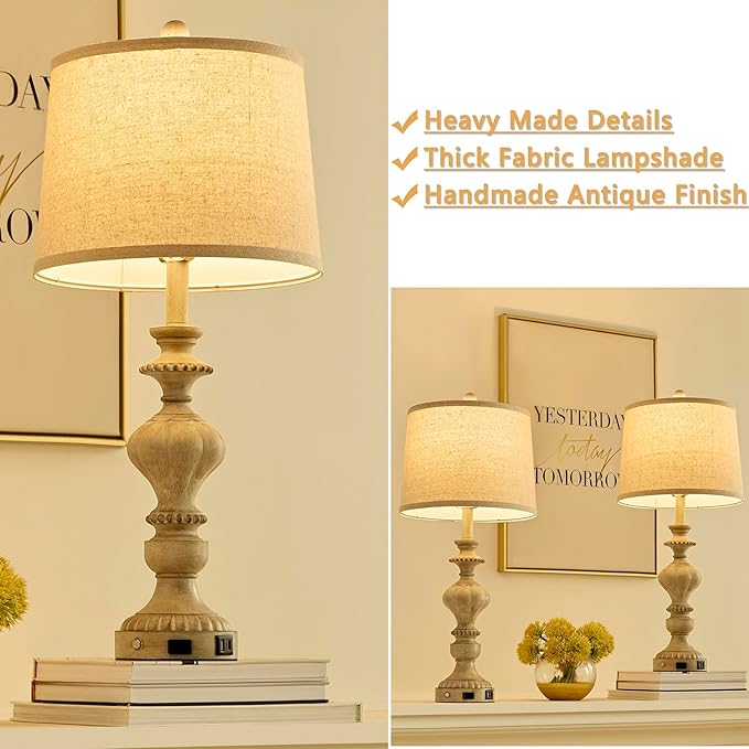 27.5" Farmhouse Table Lamps Set of 2 Bedside Nightstand Lamp with USB C+A Ports & AC Outlet, 3 Way Dimmable Touch Lamps for Bedroom Living Room Office Rustic Lamp (Gray) - Bloomnest