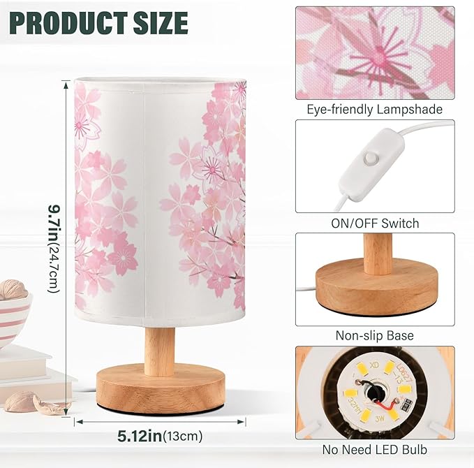 Table Lamp Pink Cherry Blossom Tree Spring Flower Nightstand Lamp with Wood Base Fabric Lamp Shade Bedside Desk Lamp for Living Room Bedroom Kids Room Office - Bloomnest