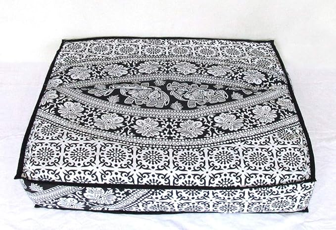 Black White Elephant Flower Mandala Mandala Barmeri Large Floor Pillow Cover Cushion Meditation Seating Ottoman Throw Cover Hippie Decorative Zipped Bohemian Pouf Ottoman Cases 24 " square - Bloomnest