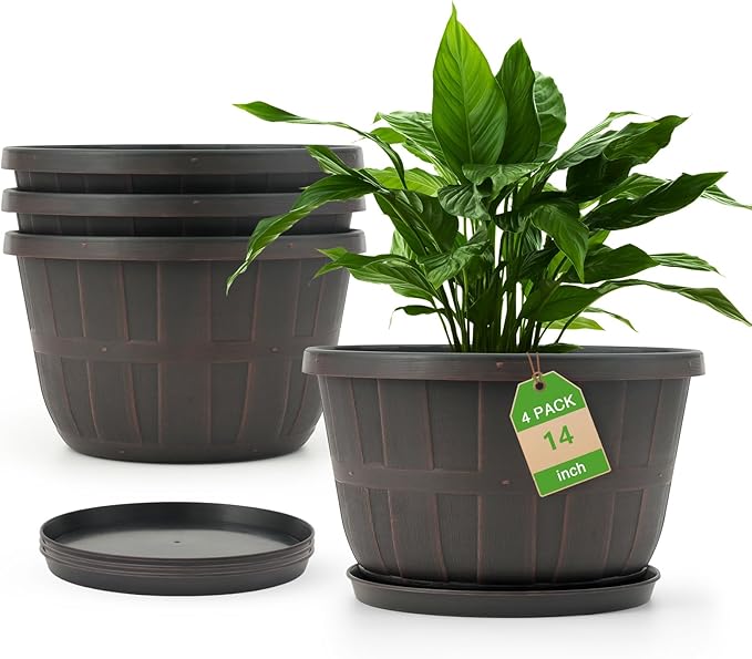 Quarut 14 Inch Plastic-Flower-Pot-for-Indoor-Plants, 4 Pack Large Outdoor Planter Pot with Drainage Holes & Saucers, Resin Decorative Garden Pots Planters（Brown） - Bloomnest