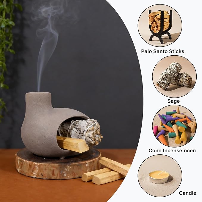 Handmade Grey Palo Santo Holder – Elegant Incense Chimney for Palo Santo, Sage & Cones – Idealt Gifts for Stress Relief, Energy Cleansing, Yoga, Meditation, Zen, Altar Decor & Aromatherapy MOUGIGI