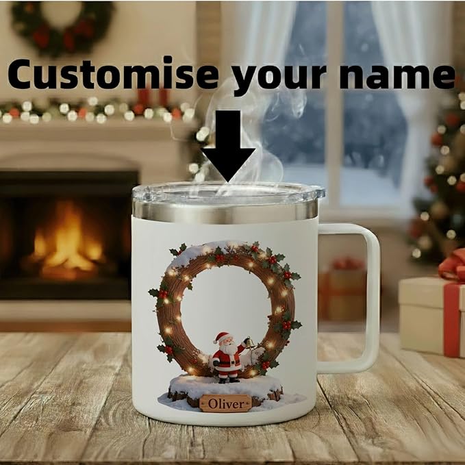 Personalized Christmas Mug | Custom Rustic Log Santa Initial Insulated Coffee Cup with Handle & Lid | 12oz Holiday Tumbler, Unique Winter Scene Gift (B38) - Bloomnest