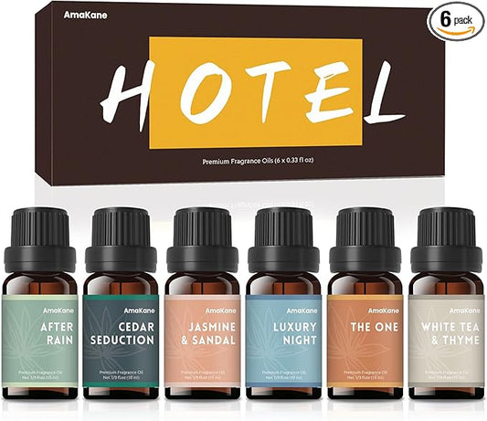 AmaKane Hotel Diffuser Oils, Hotel Scent Essential Oil, Fragrance Oil for Candle Making, Soap Scents for Making Soap, Aromatherapy Oils 6x10ml, Luxury Night, White Tea& Thyme, Jasmine& Sandal, More - Bloomnest