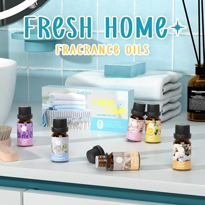 Clean Essential Oils Set, SoulOrigin Fragrance Oil Gift Set for Oil Diffusers, Scented Oils 6x10ml - Beach Sage Laundry Detergent, Citrus Burst, Lavender Fields, Fresh Linen, Warm Petals, Fresh Cotton - Bloomnest